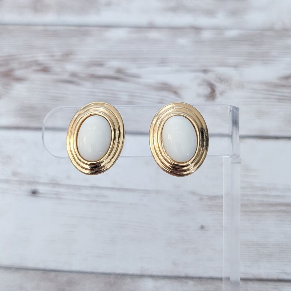 Vintage Clip On Earrings White Oval with Triple Gold Tone Halo 7/8"